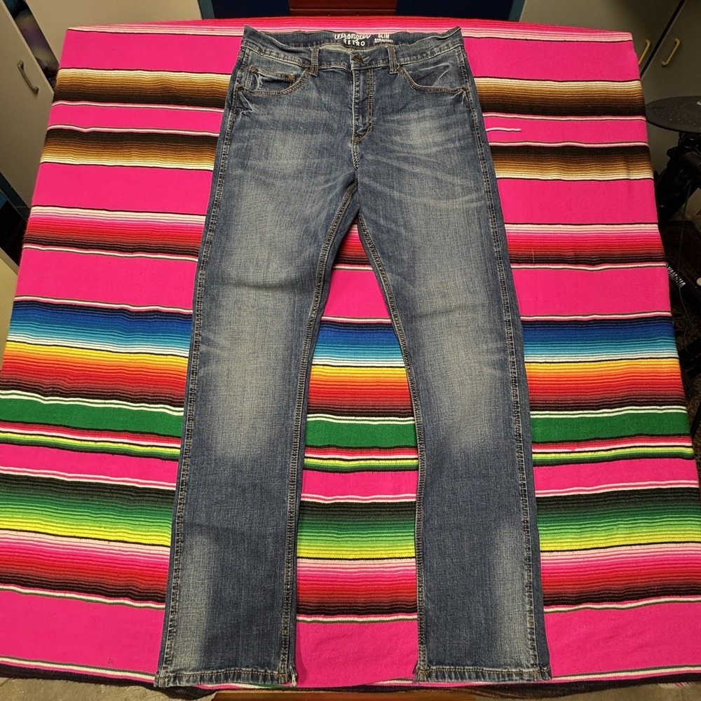 Wrangler Retro Slim Straight Jeans‎ Men's 35x36 (Fits 34x34) Blue Western Faded
